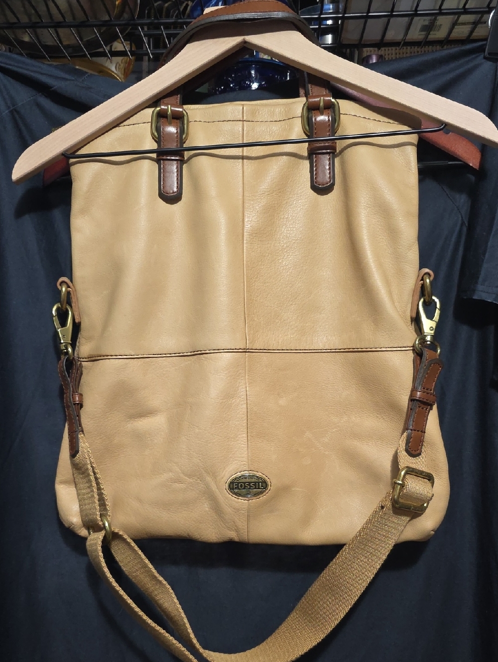 Fossil Tan Leather Convertible Messenger Bag with Brown Accents